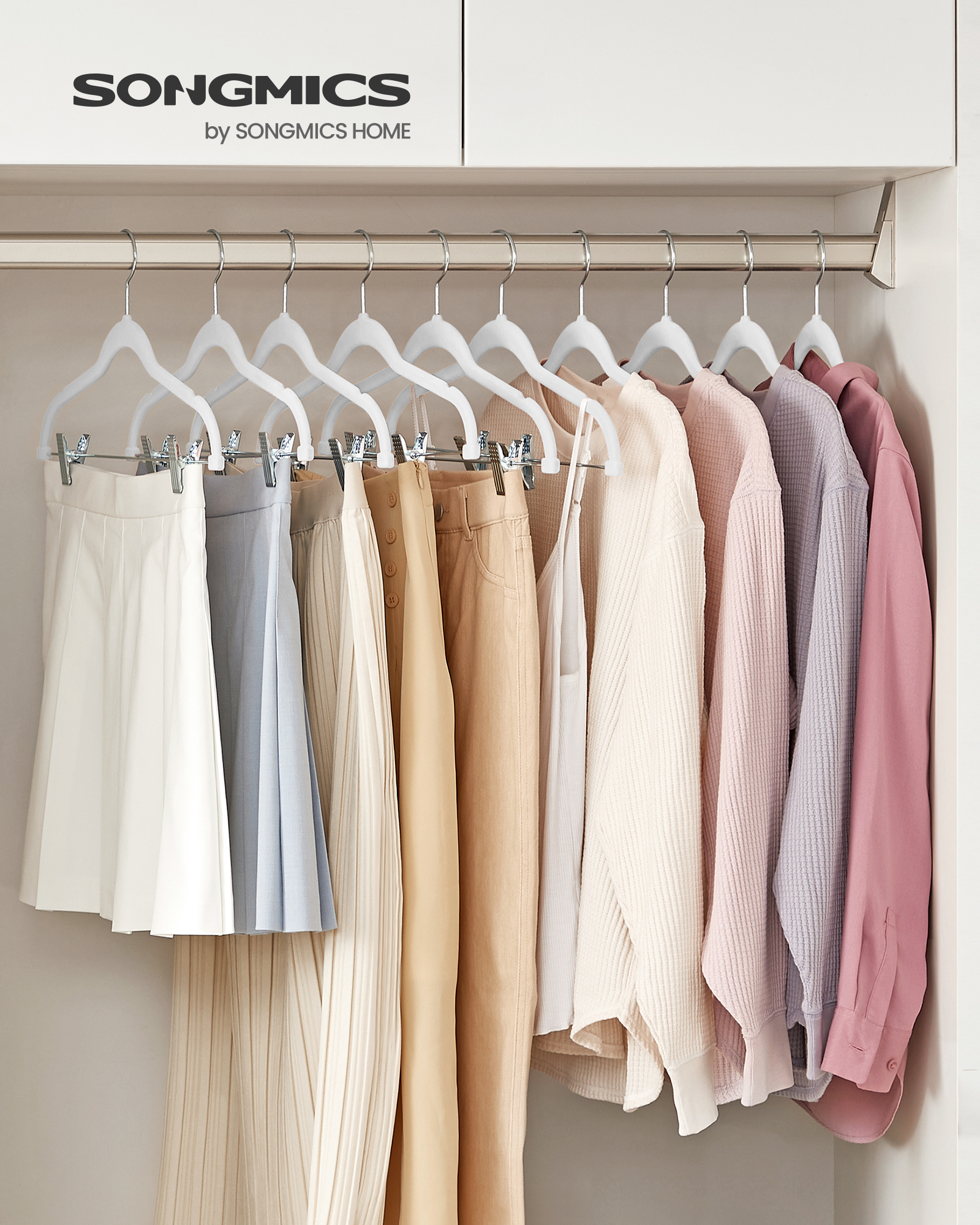 50-Pack Velvet Non-Slip Hangers with Adjustable Clips, 16.7" Heavy Duty Space Saving Hangers for Pants, Skirts, Dresses, White