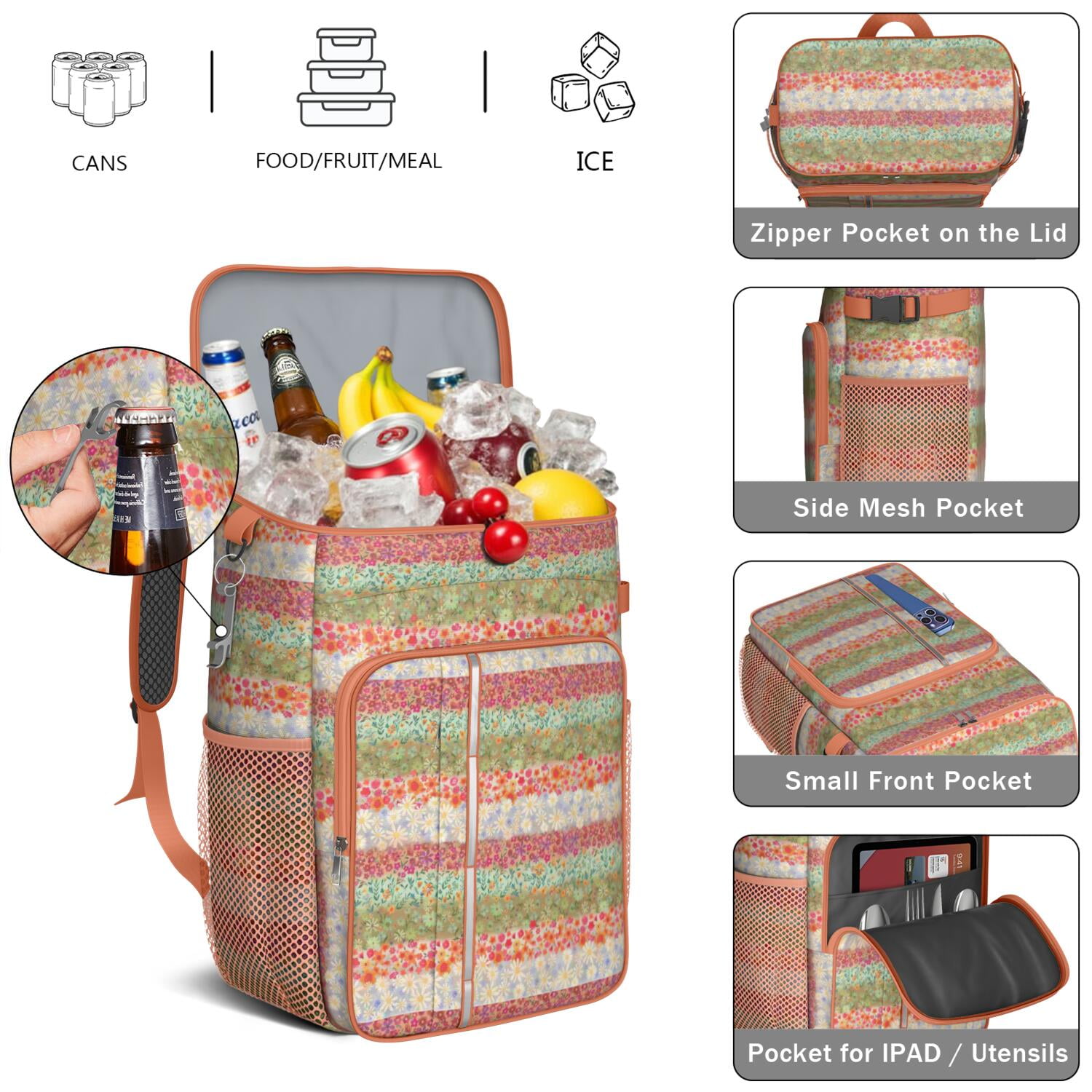 Travel Cooler Bag - Pioneer Flower Camping Beer Cooler Backpack with Bottle Opener- Waterproof Insulated Picnic Backpacks - Cooler Bag for Beach