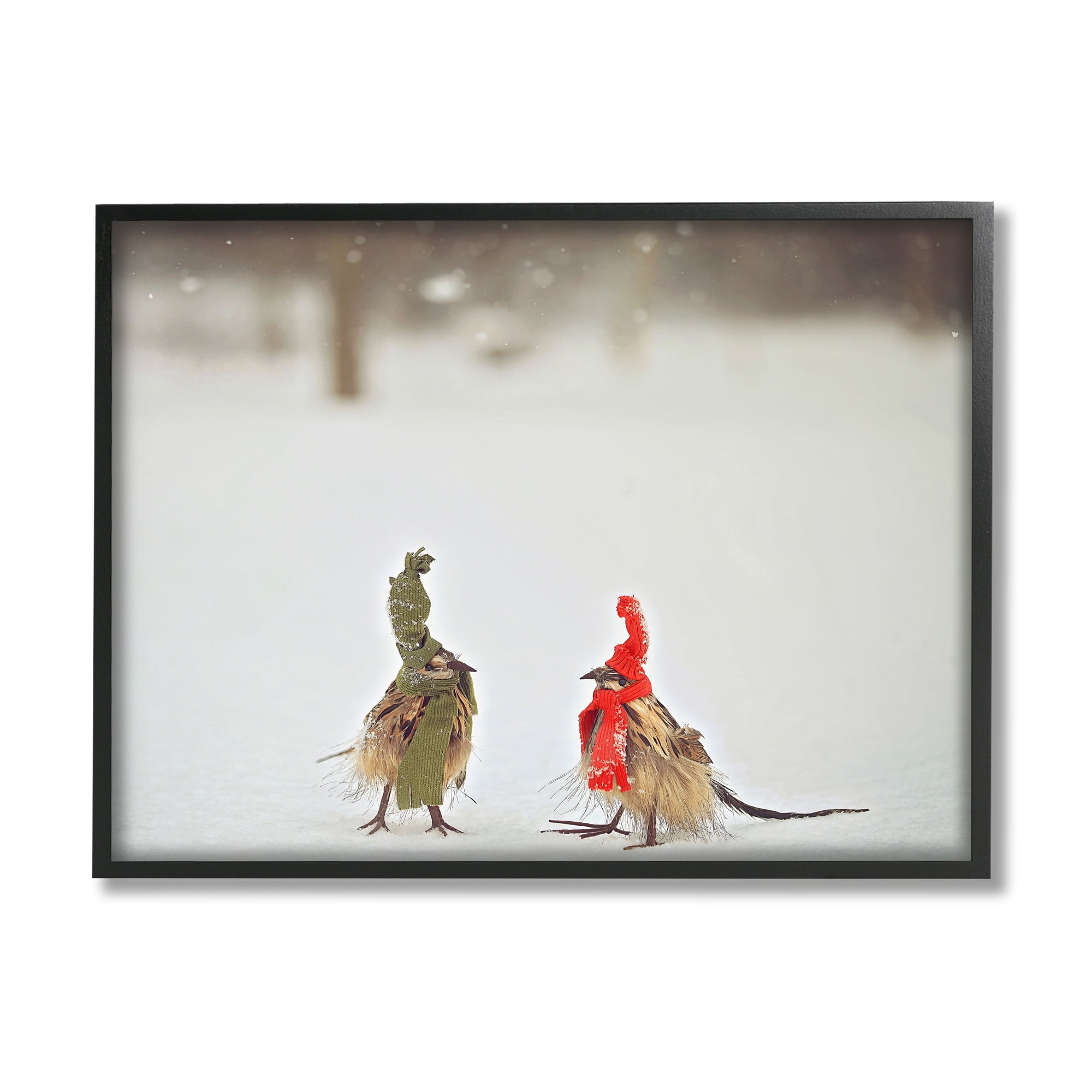 Stupell Industries Birds In Scarves Winter Snow Animals & Insects Photography Gray Framed Art Print Wall Art