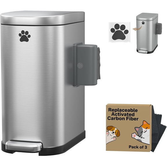 Dog Poop Trash Can Outside with Odor Control Lid & Step Pedal, 3.2Gal Stainless Steel Outdoor Trash Can, Waterproof Dog Waste Container Station - Includes Carbon Filters & Paw Stickers