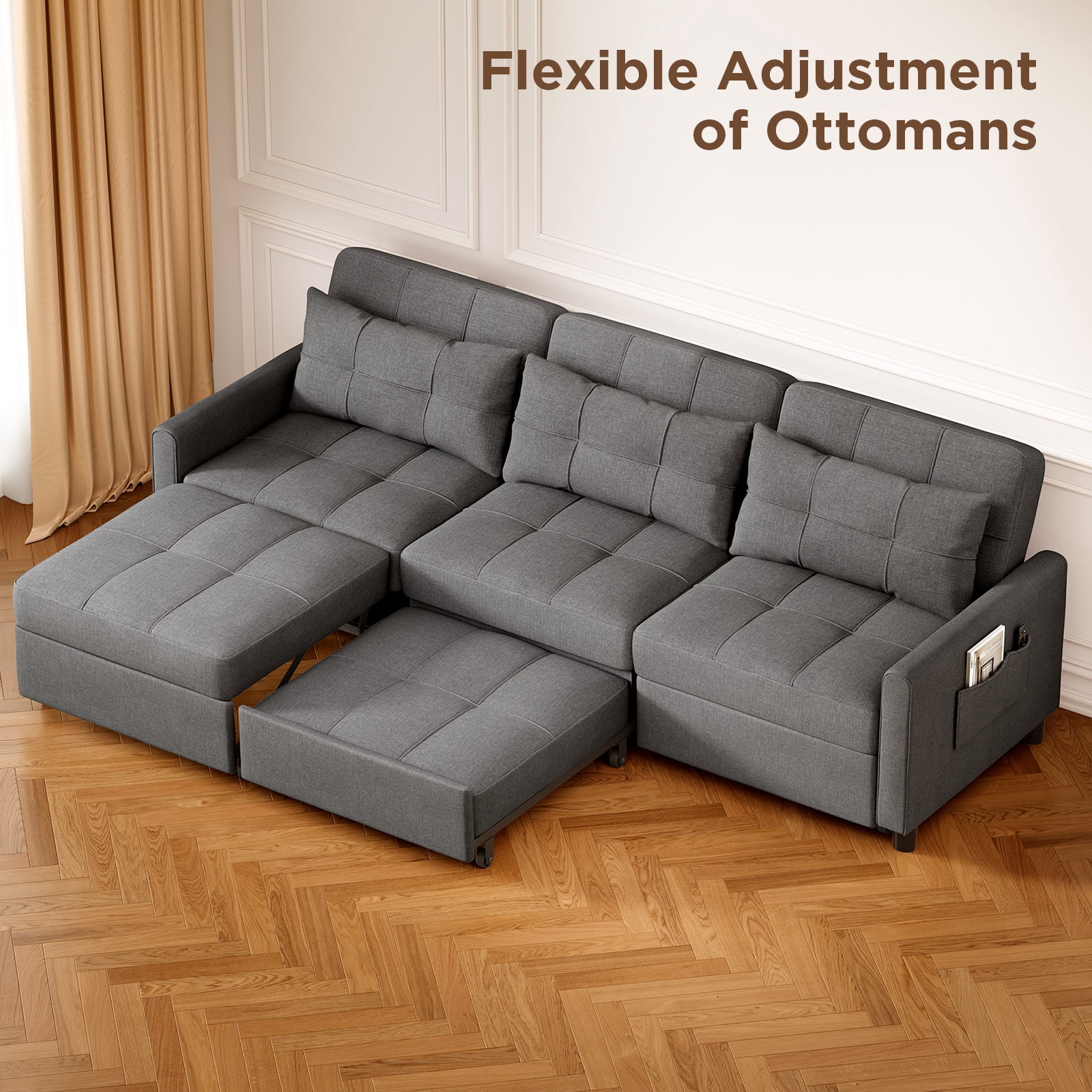 Asofer 3-in-1 Convertible Sleeper Sofa Bed, Adjustable Futon Couch Recliner with Metal Frame for Living Room, Home & Office - Dark Gray