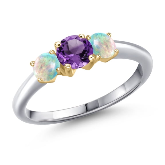 Gem Stone King 925 Silver and 10K Yellow Gold Purple Amethyst and Simulated White Opal Engagement Ring for Women | 0.98 Cttw | Round 5MM | Gemstone February Birthstone | Size 9