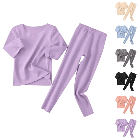 UJNDER Toddler Kids Solid Color Round Neck Long Sleeve Top and Pants Thermal Loungewear Pajama Set for Baby Boys Girls 1-12Y Kids Pajamas,Purple,2-3 Years