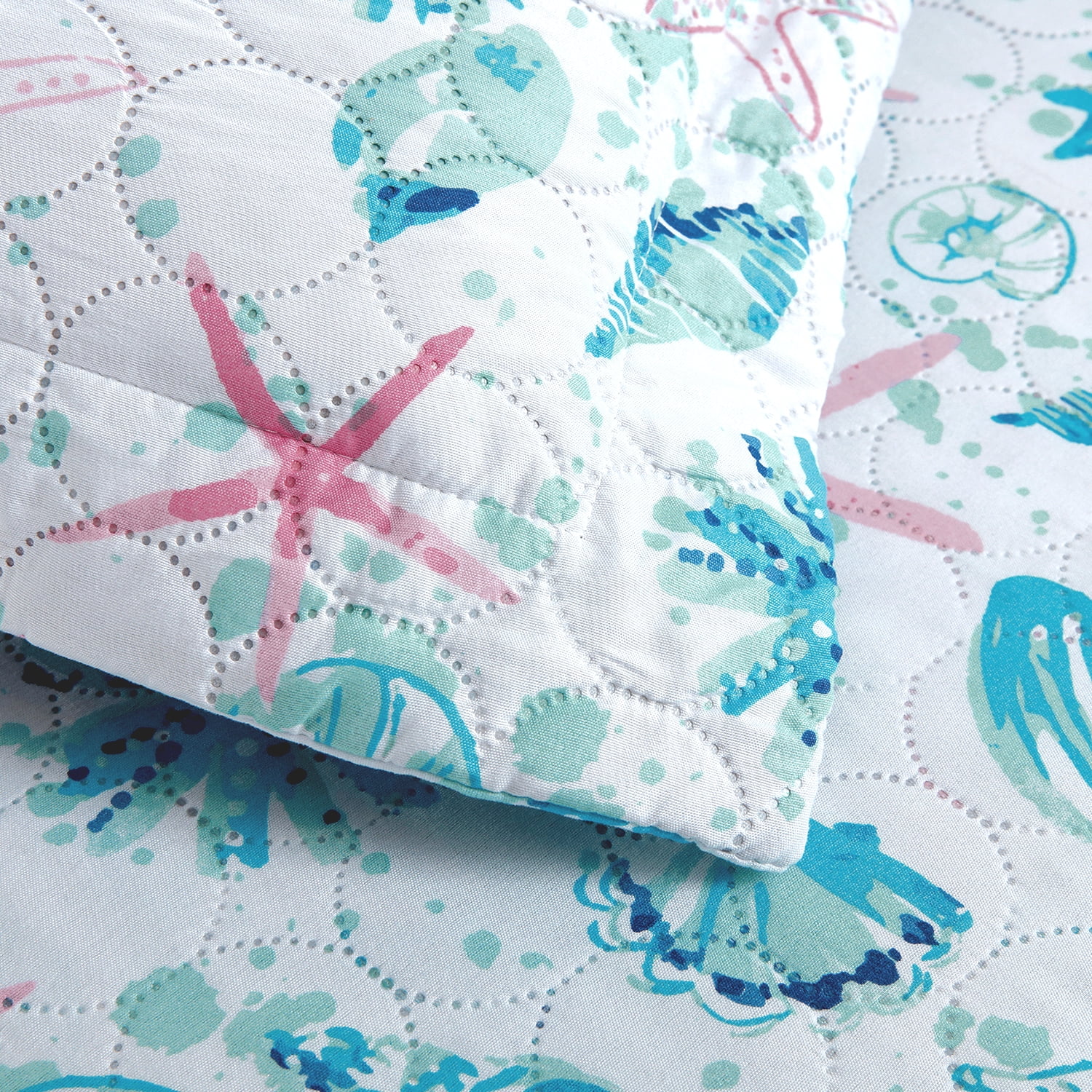 Kebury Coastal Beach Theme Quilts Bedding Set King Size Lightweight Patchwork Ocean Bedding Coverlets Conch Blue Seashell Starfish Seaweed Bedspreads (1 Quilt, 2 Pillow Shams)