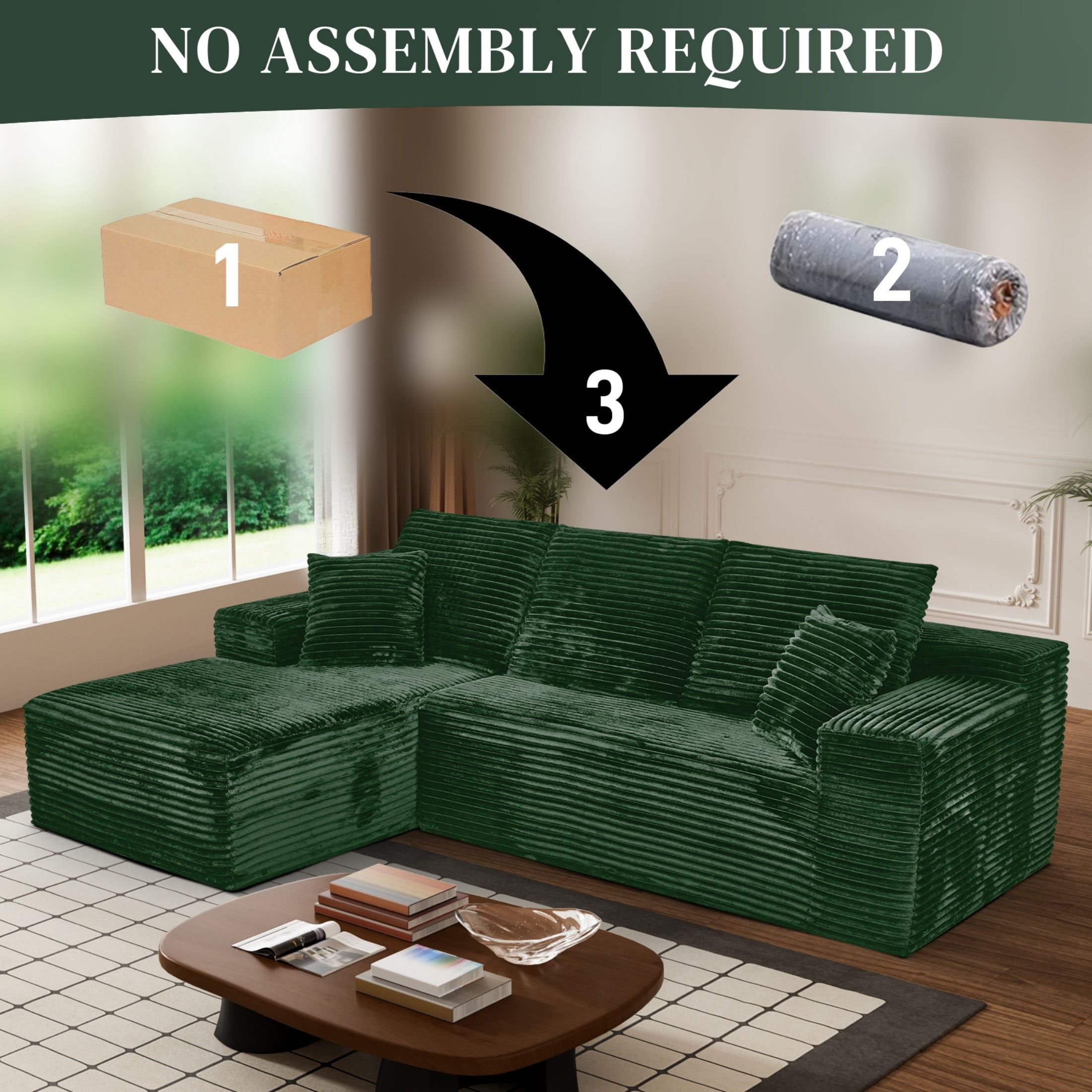 Aukfa 107" Cloud Modular Sectional Couch with Left-Facing Chaise, Corduroy Deep Seat Boneless Sofa for Living Room, Apartment, Emerald