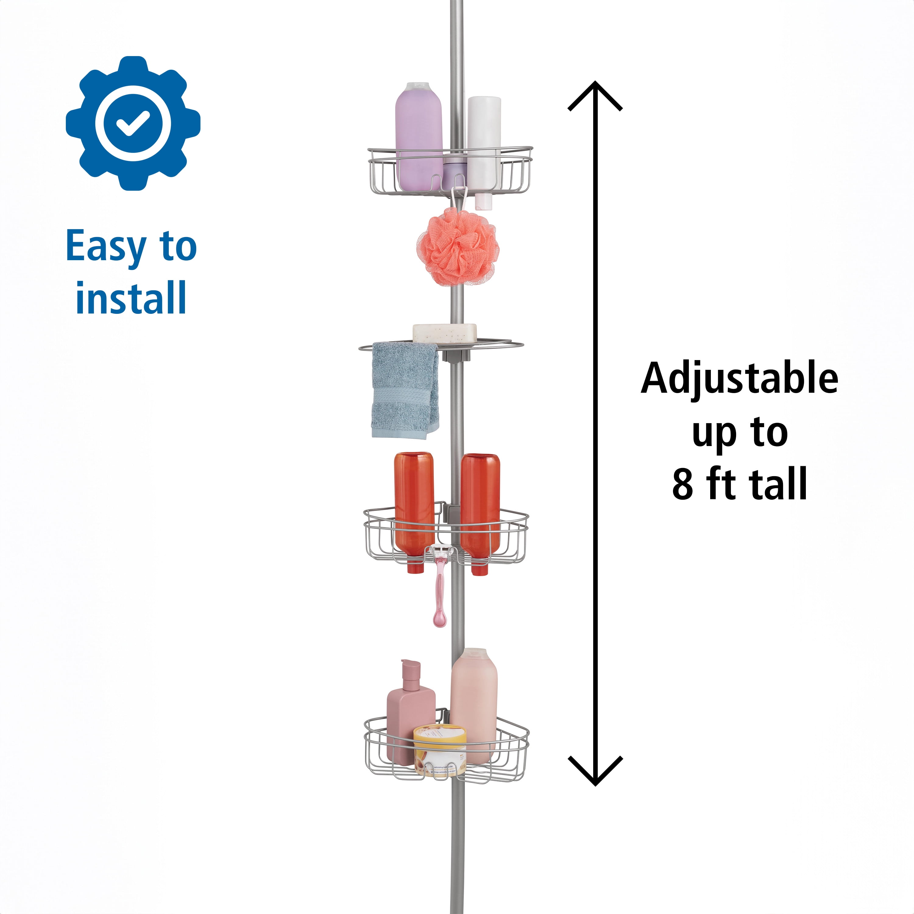 Mainstays Tension Rod Shower Caddy, Rust-Resistant 3 Tier Corner Pole Caddy, 5 - 8 ft, Satin Nickel