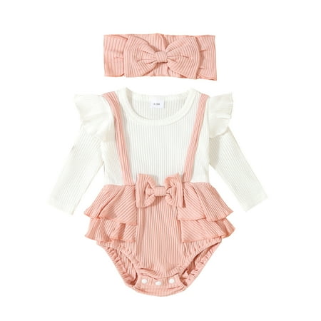 

Niceyoeuk Baby Girl Bow Romper Ruffled Ribbed Long Sleeve Jumpsuit Headband