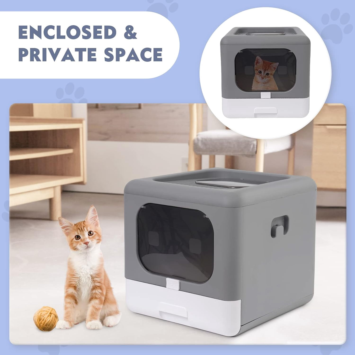 Foldable Enclosed Cat Litter Box with Front Door & Top Entry, Pull-Out Drawer Type, Cat Toilet with Lid, Easy Cleaning and Anti-Splashing Litter Tray with Plastic Scoop (Grey)