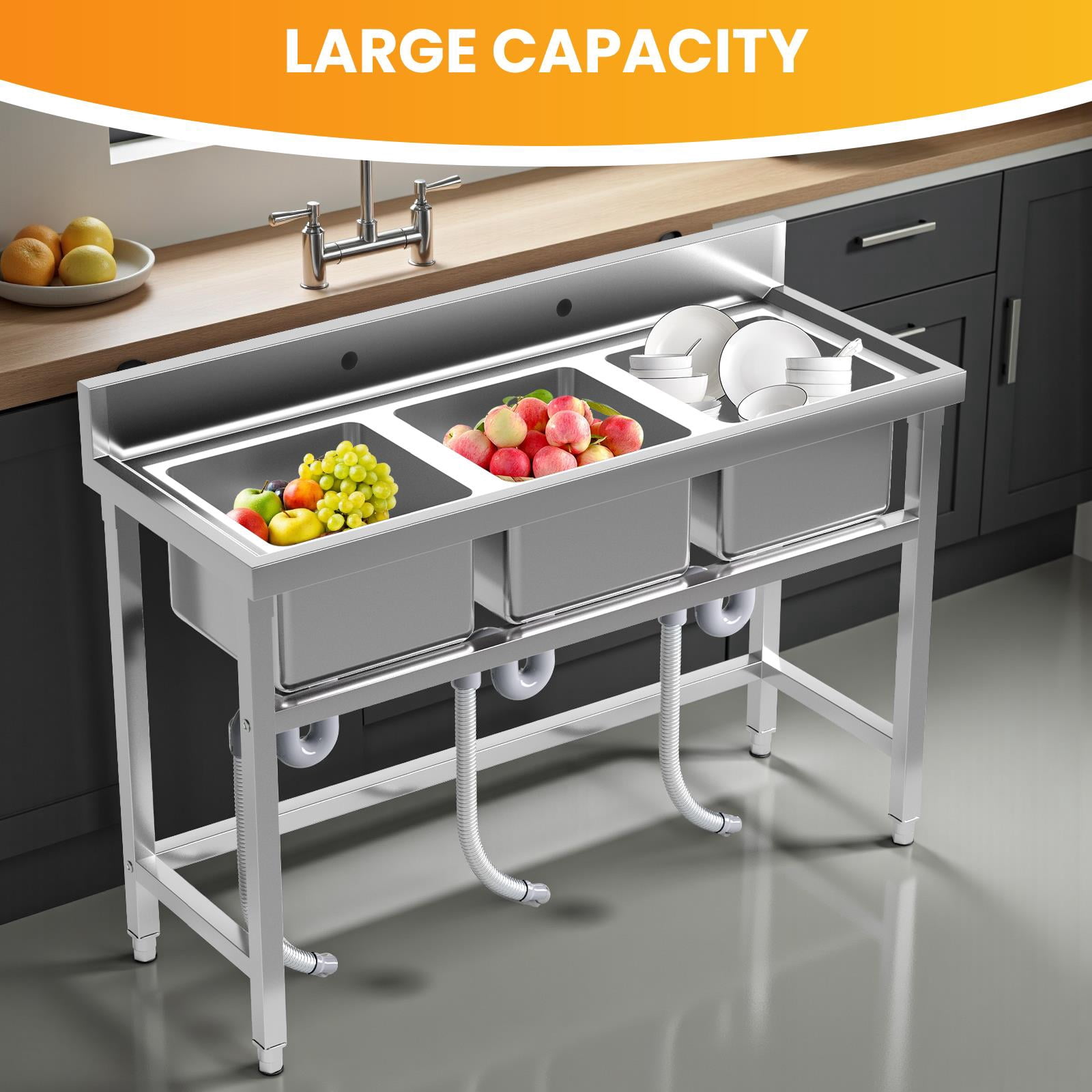 Zhuotong51" 3-Compartment Commercial Sink, Heavy-Duty Stainless Steel Free Standing Sink with Backsplash, Utility Sink for Restaurant, Kitchen & Garage