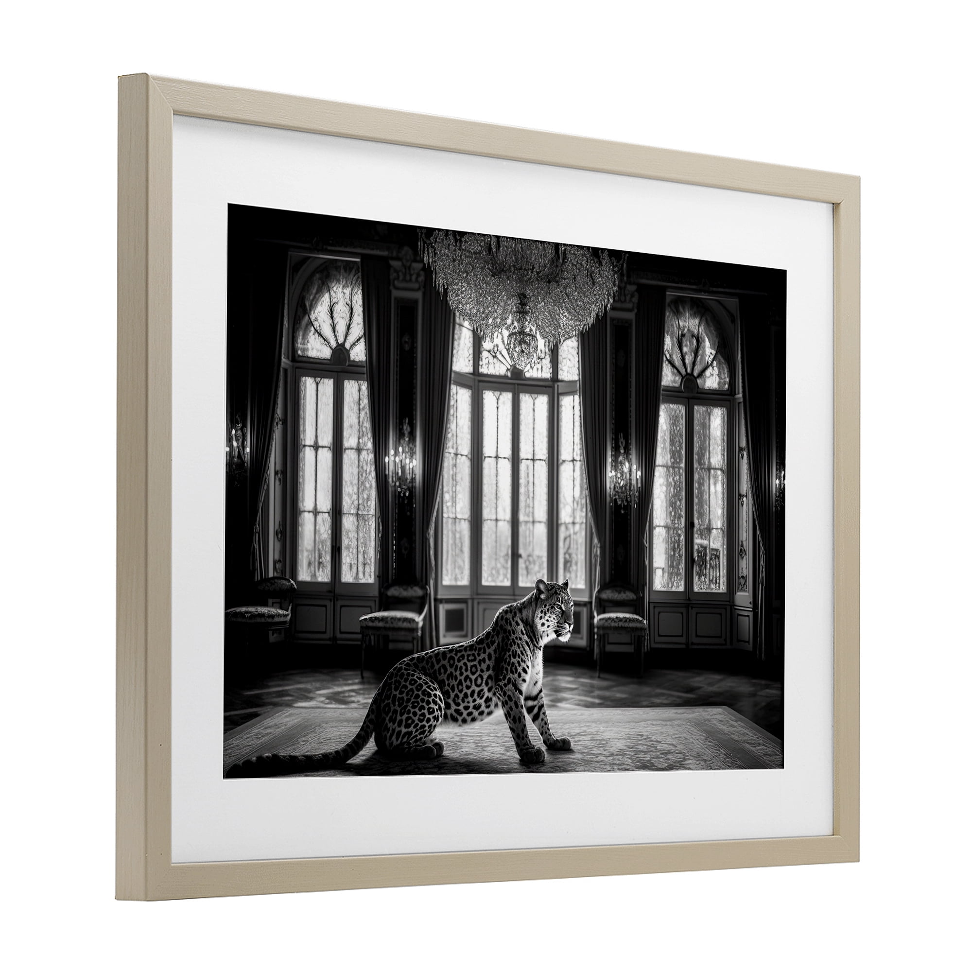 Snow Leopard in Opulent Mansion Birch Framed Print Under Glass, design by Decent Exposures