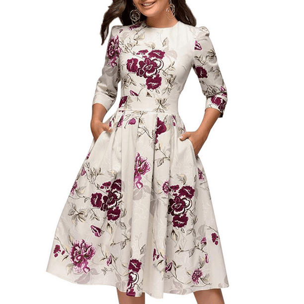 Merqwadd Womens Floral Printed Tunic Flared Midi Dress - Walmart.com