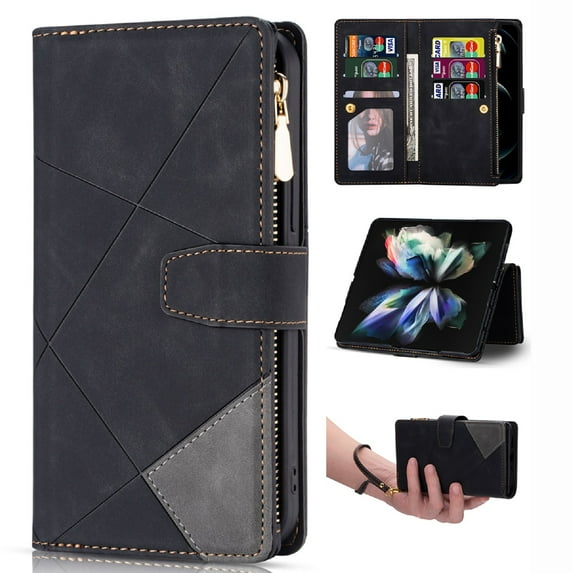 Designed for Galaxy Z Fold 4 5G Case Samsung Galaxy Z Fold 4 Wallet Cases 9 Card Slots Zipper Leather Card Slot Flip Magnetic Cover Compatible with Z Fold4 Wrist Strap Kickstand Stand Purse, Black