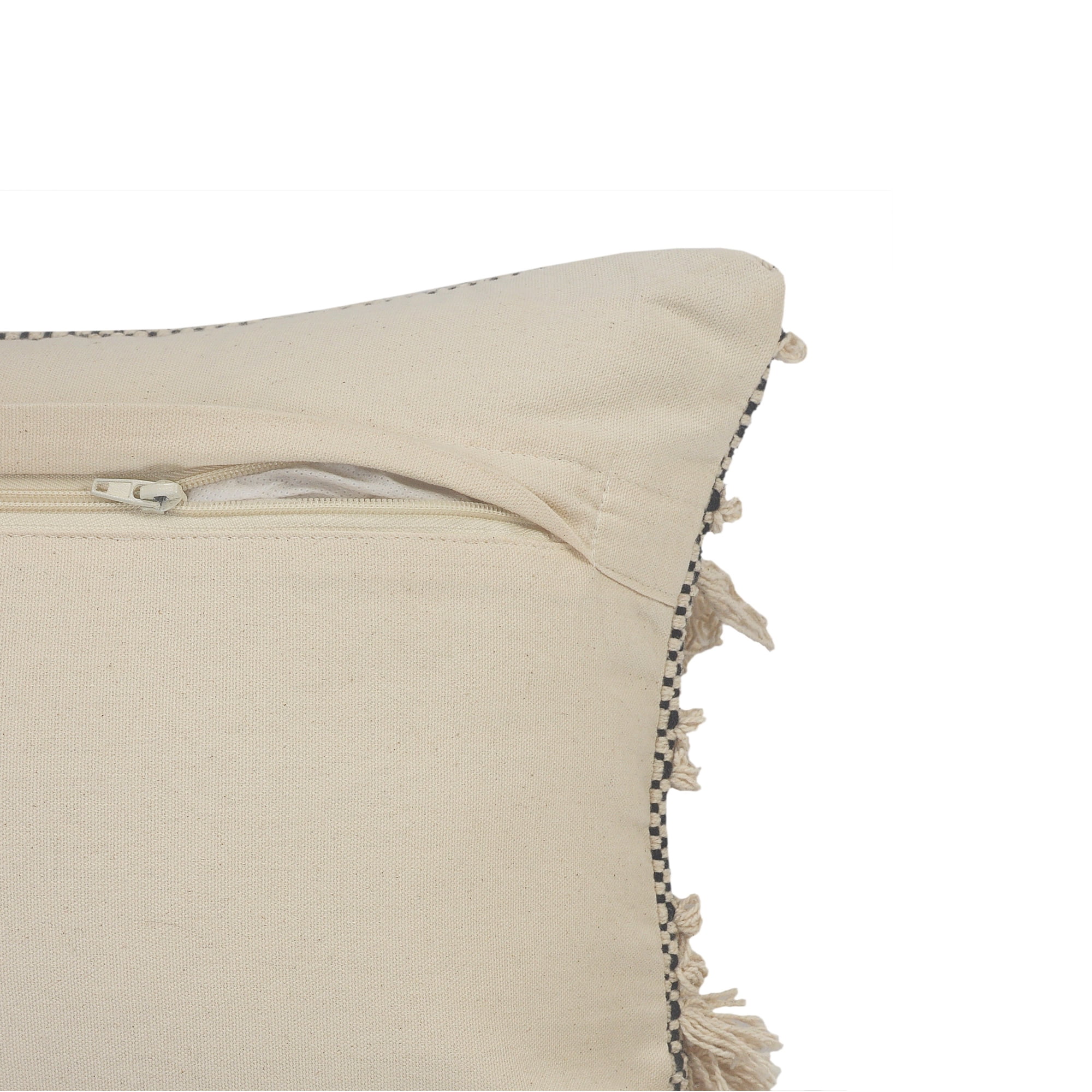 LR Home Elia Natural/Black Striped Cotton Fringed Adult Decorative Throw Pillow Cover