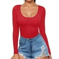 thumbnail image 2 of Chandails à Manches Longues pour Femmes Hauts Ajustés Col Rond T-Shirts Ajustés Hauts de Sortie T-Shirts Basiques Rouge, 2 of 6