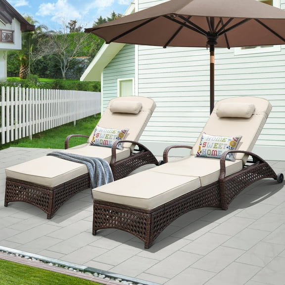 NOBLEMOOD 2 PCS Wicker Chaise Lounge Outdoor Lounge Chair with Wheels, Adjustable 6 Position Pool Reclining Chair with Khaki Thickened Cushion & Pillow