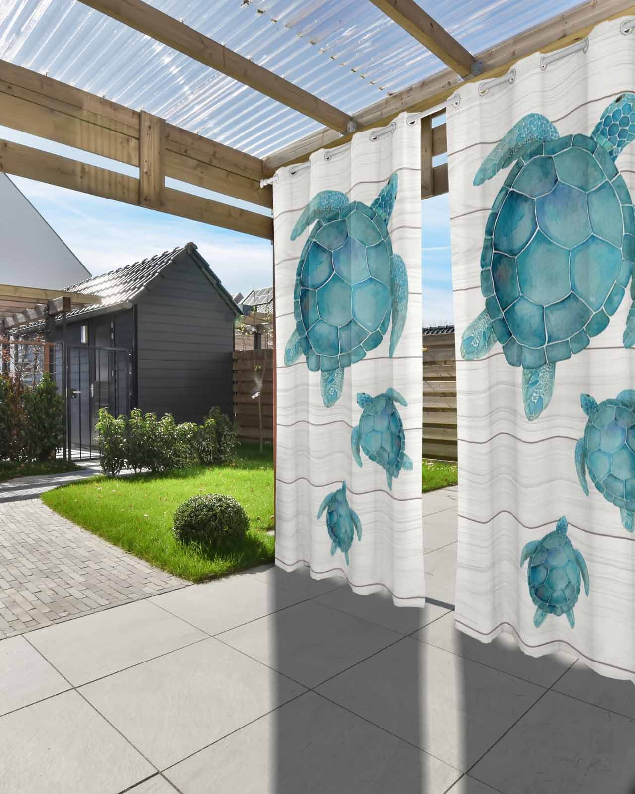 Teal Turtle Coastal Outdoor Curtains for Patio, Vintage Nautical Ocean Sea Privacy Drapes Grommet Waterproof Outside Curtains for Porch/Cabana/Balcony 54"x 108", 1 Panel