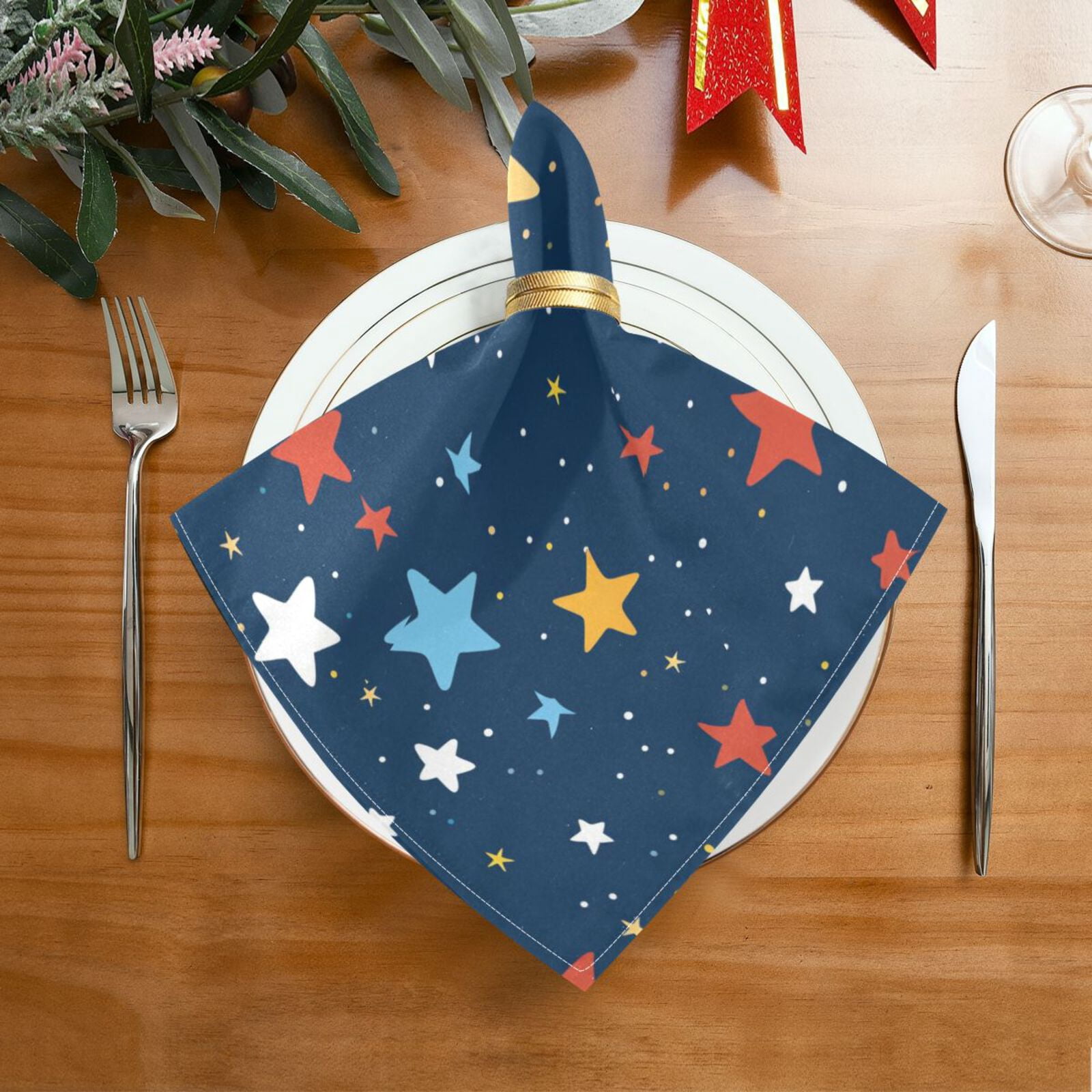 JSTEL Colorful Stars Polka Dots Cloth Napkins Set of 6, 20x20 Inch Washable and Reusable Napkin for Decoupage Dinner Party Everyday Use