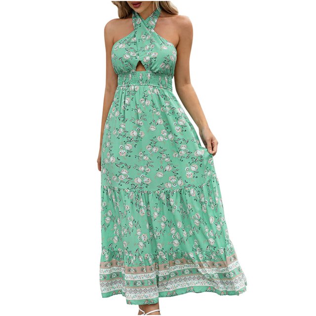 Vestidos Para Mujer Maxi Vestido Con Cuello Halter Sin Mangas Recortado Sin Espalda Fluido Vestido de Línea A Odeerbi ODB165664