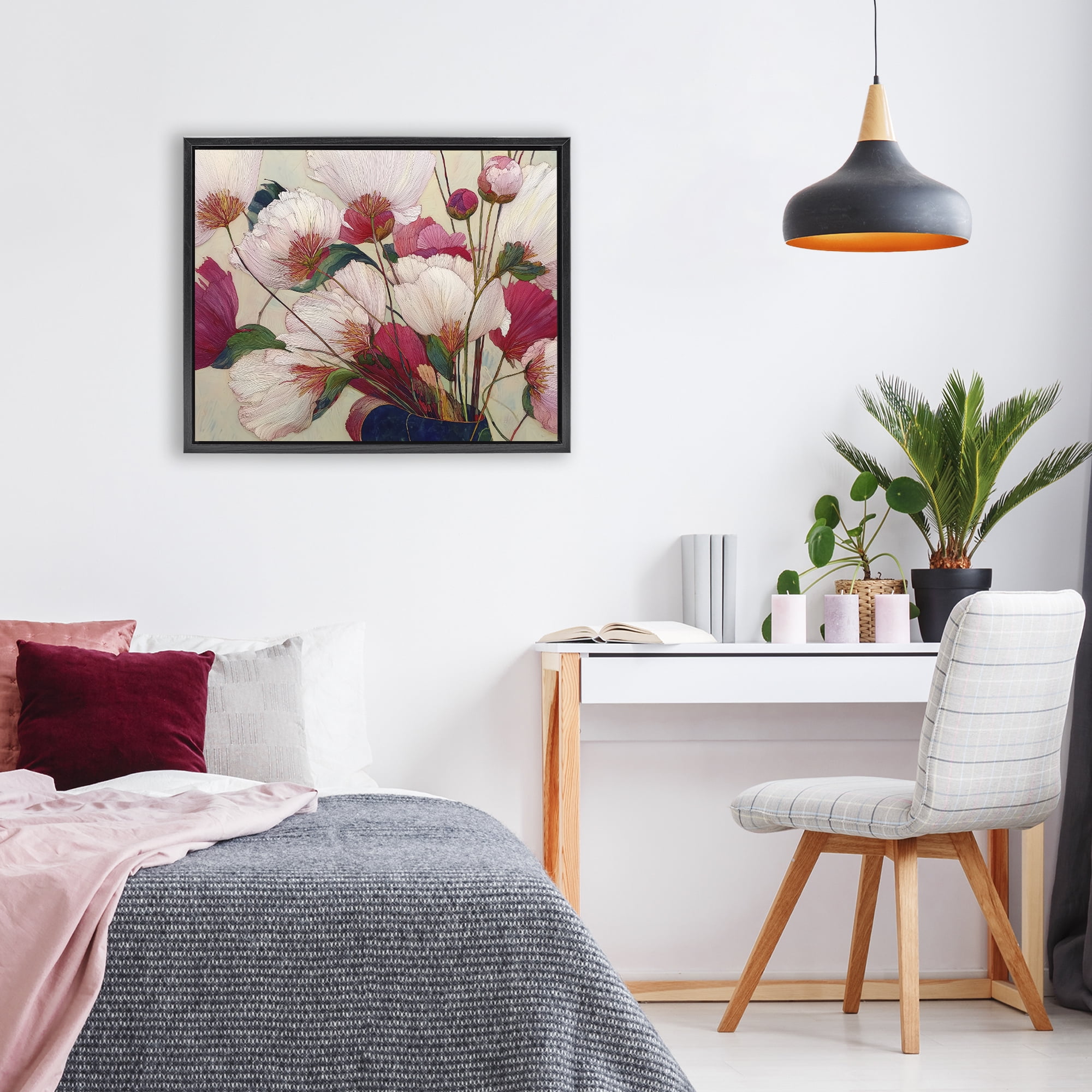 Lush Haiku Pink & White Flowers Black Framed Floater Canvas Wall Art, design by Annabelle Hall