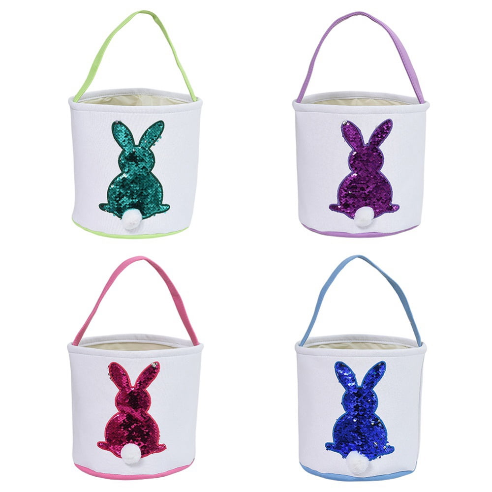Easter Bunny Basket Bags for Kids, Sequin Rabbit Pattern Egg Basket Hunt Bags Canvas Cotton Bucket with Fluffy Tail for Easter Eggs, Candy, Gift