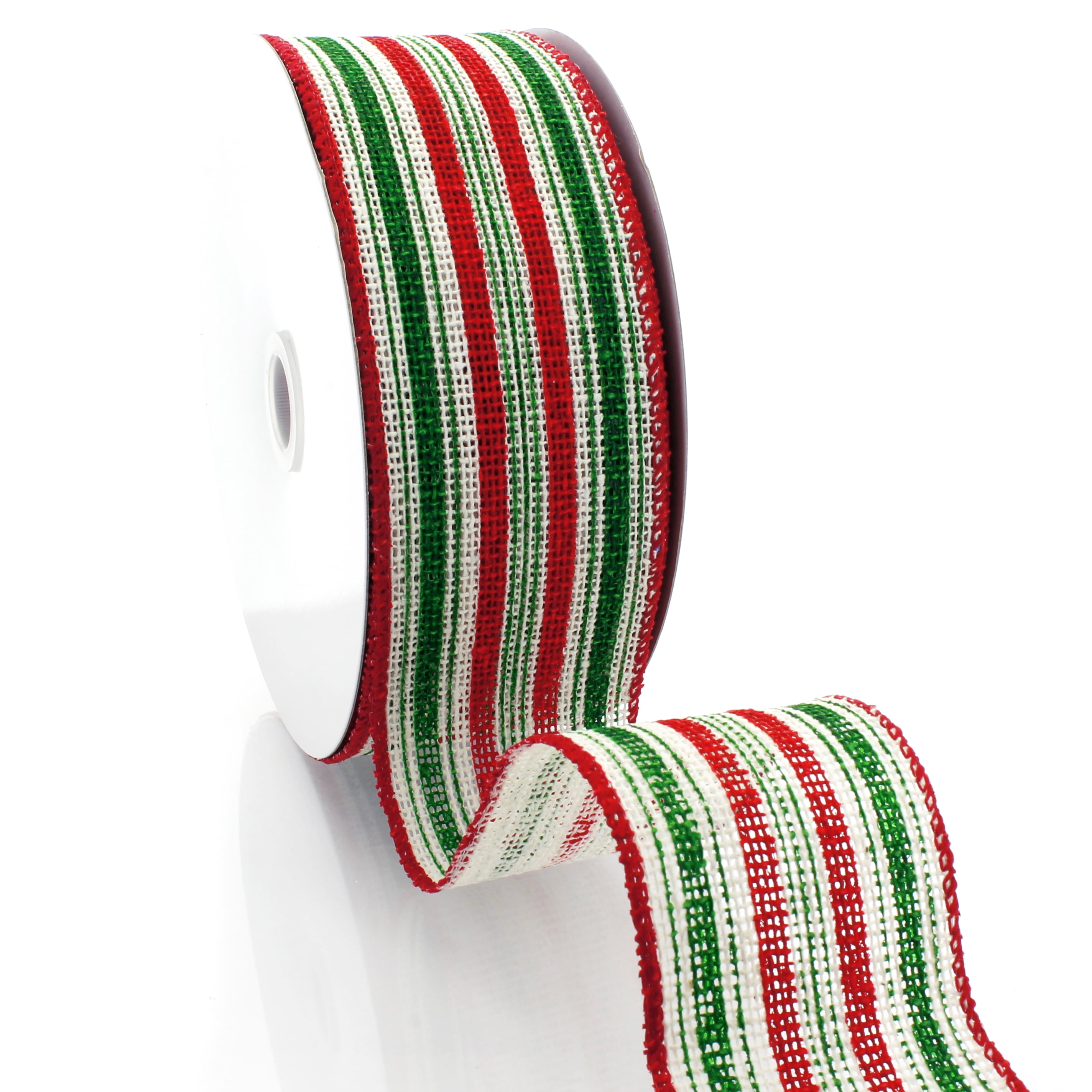 2 1/2" Wired Ribbon Christmas Red/Green/White Stripes Burlap - 25 Yards