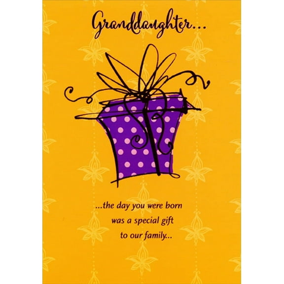 Designer Greetings Purple Gift with Pink Polka Dots and Black Bow Birthday Card for Granddaughter