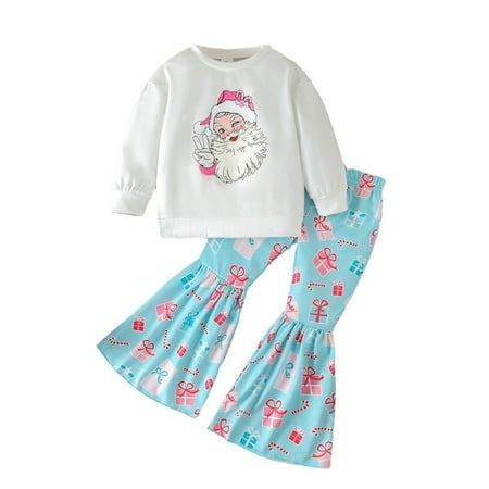 

Xiulive Toddler Girls Long Sleeve Christmas Cartoon Prints T Shirt Pullover Tops Bell Bottoms Pants Outfits Casual Soft Matching sets
