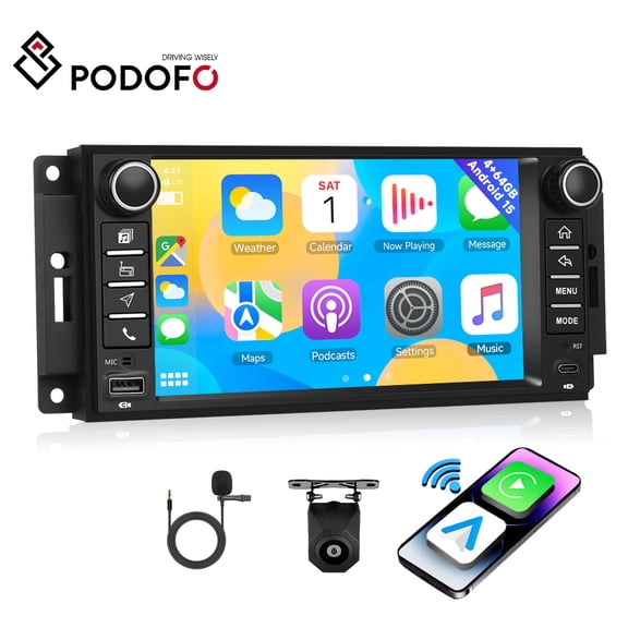 Podofo Android 15 Double DIN Car Stereo with GPS 7 inch HD Touchscreen Bluetooth WiFi FM RDS Radio Mirror Link Support Rear Camera For Jeep Chrysler Dodge