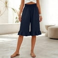 thumbnail image 4 of Cotton Linen Pants Women Summer Casual Pull on Wide Leg Drawstring Elastic Waist Petite Ruffle Hem Capri Pants with Pockets Navy XL, 4 of 7