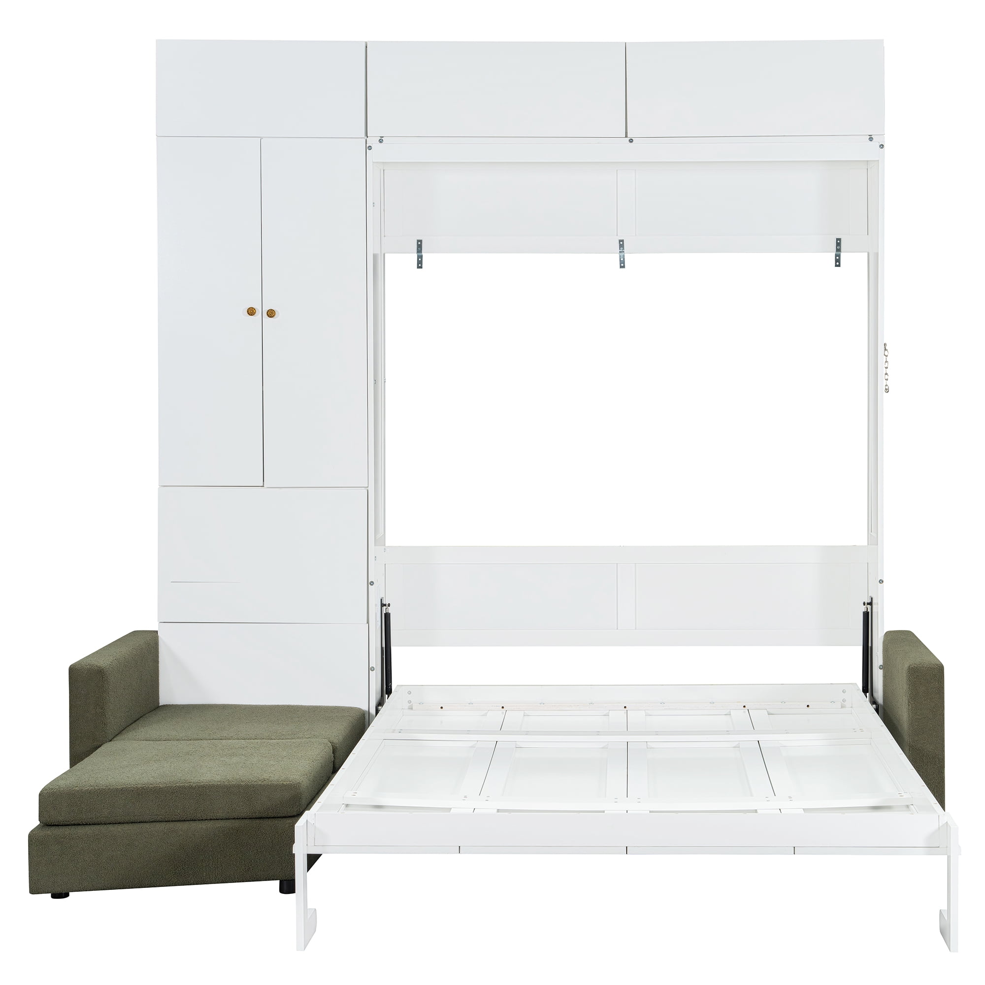 Mintazer Queen Murphy Bed with L-Shaped Sofa & Storage Cabinets, Modern Foldable Wall Bed for Bedroom Apartment Guest Room, White & Green