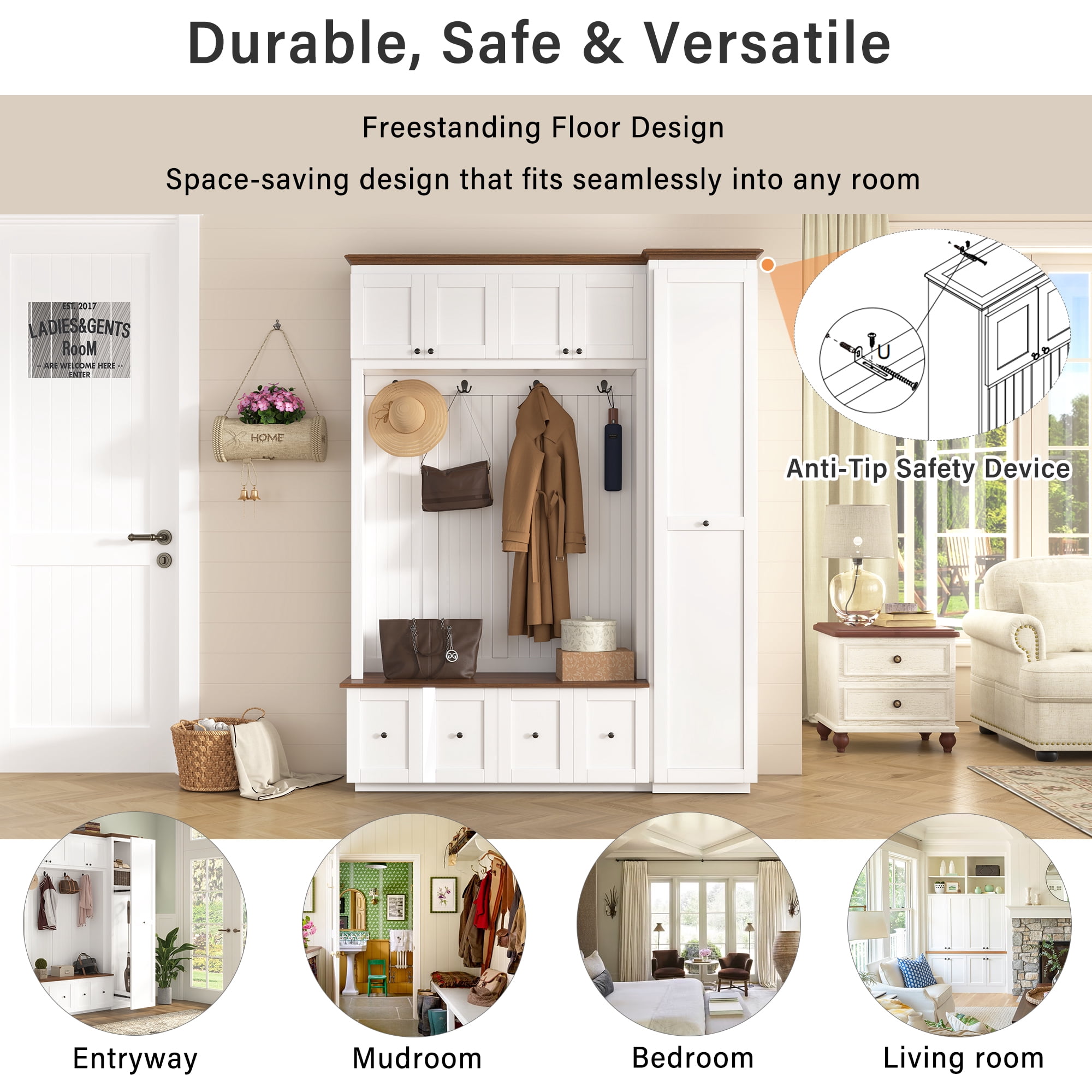Mintazer 78.7"H Farmhouse Hall Tree with Coat Rack, Storage Bench, Drawers & Hooks for Hallway, Entryway, Bedroom, Mudroom, Living Room, White