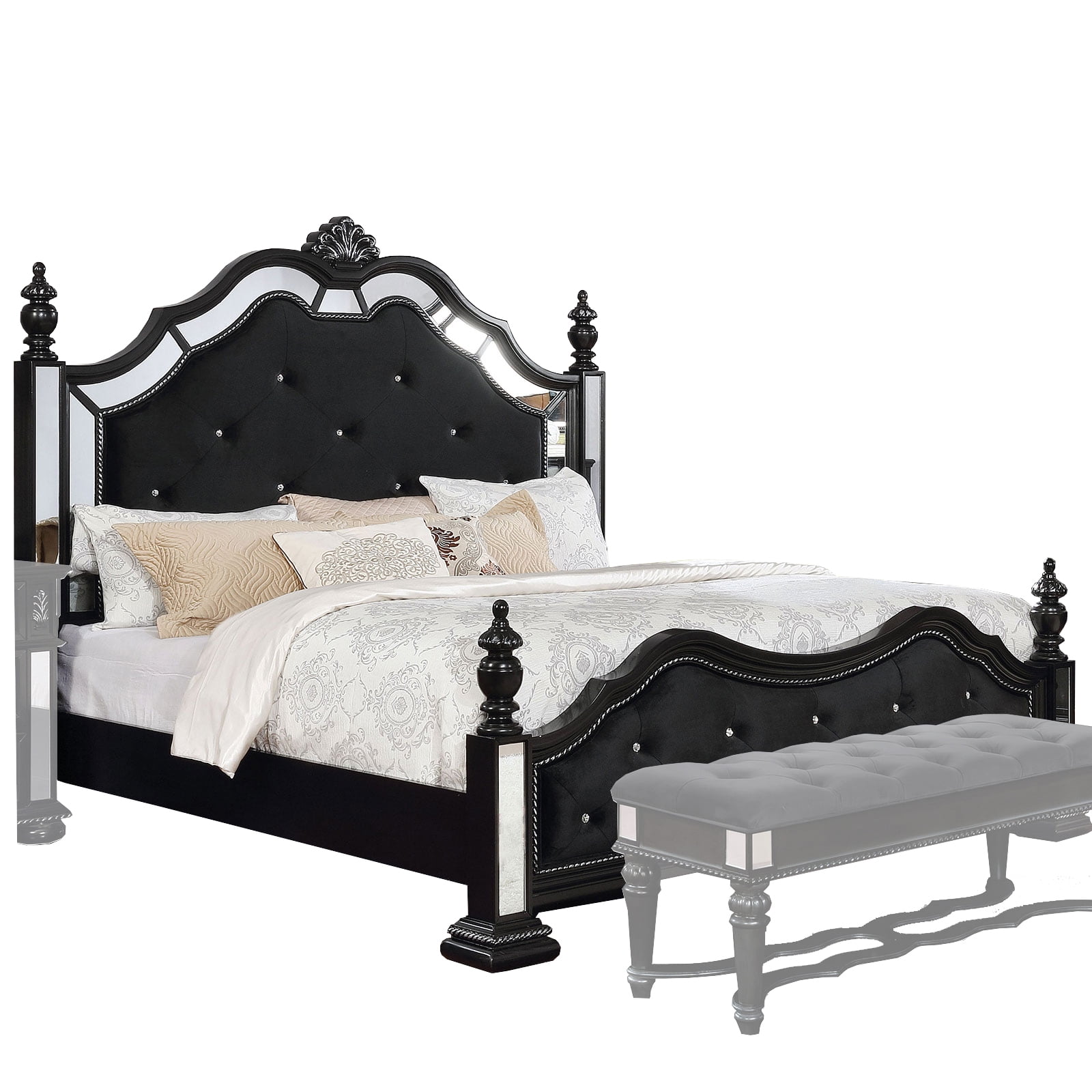 Fabric Upholstered Queen Wooden Bed with Mirror Inserts, Black
