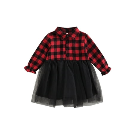 

Ma&Baby Toddler Girl s Christmas Dress Half Button Plaid Shirt Mesh Patchwork Tulle Skirt Winter Outfits