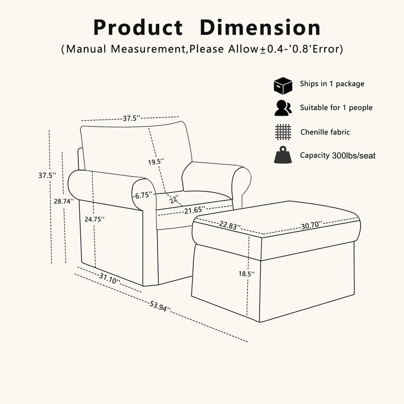 Oversized Single Sofa Chair w/ Ottoman Set, Chenille Accent Chaise Lounge, Modern Upholstered Armchair w/ Backrest Pillow