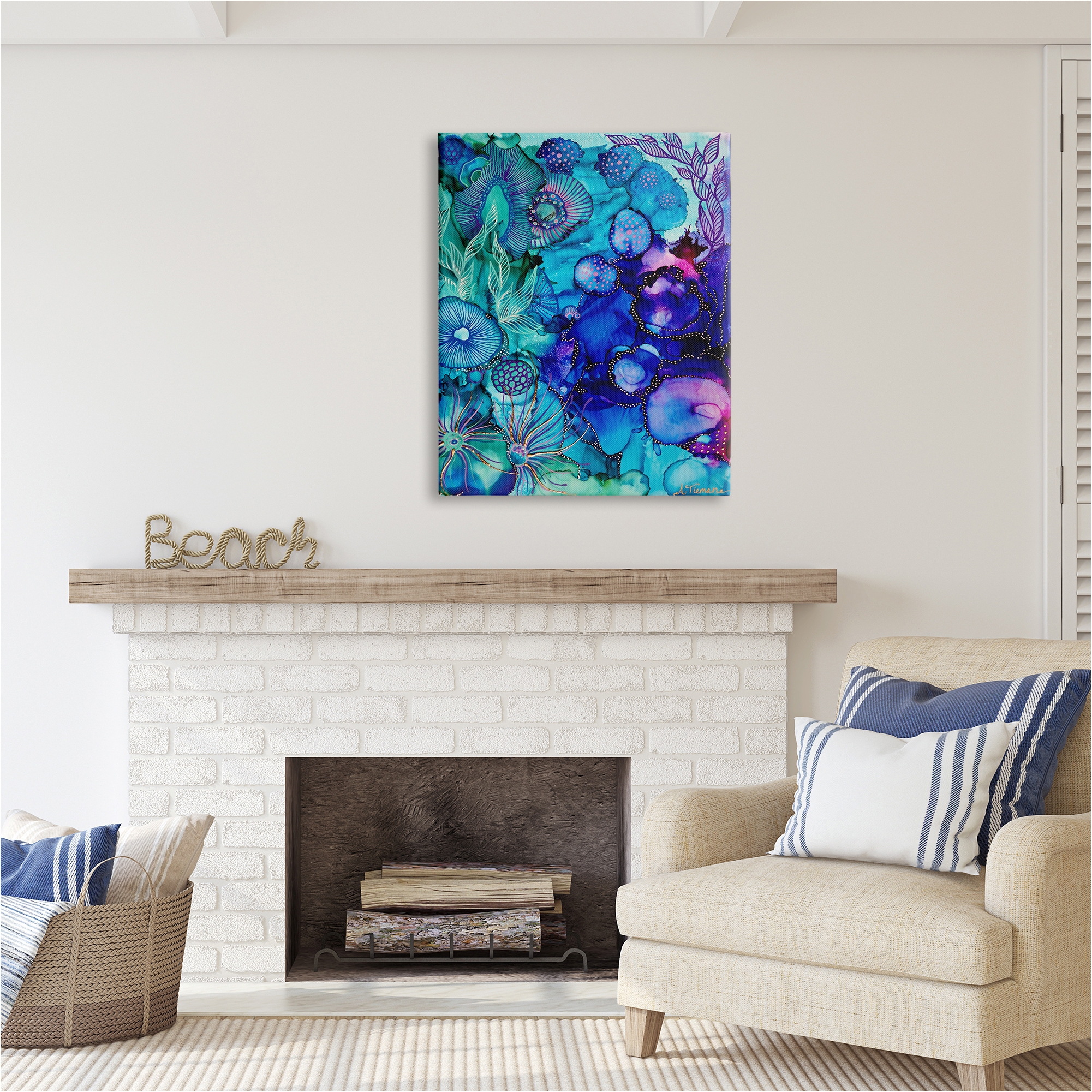 Stupell Industries Blue Modern Sea Life Abstract Painting Gallery Wrapped Canvas Art Print Wall Art, 30 x 40