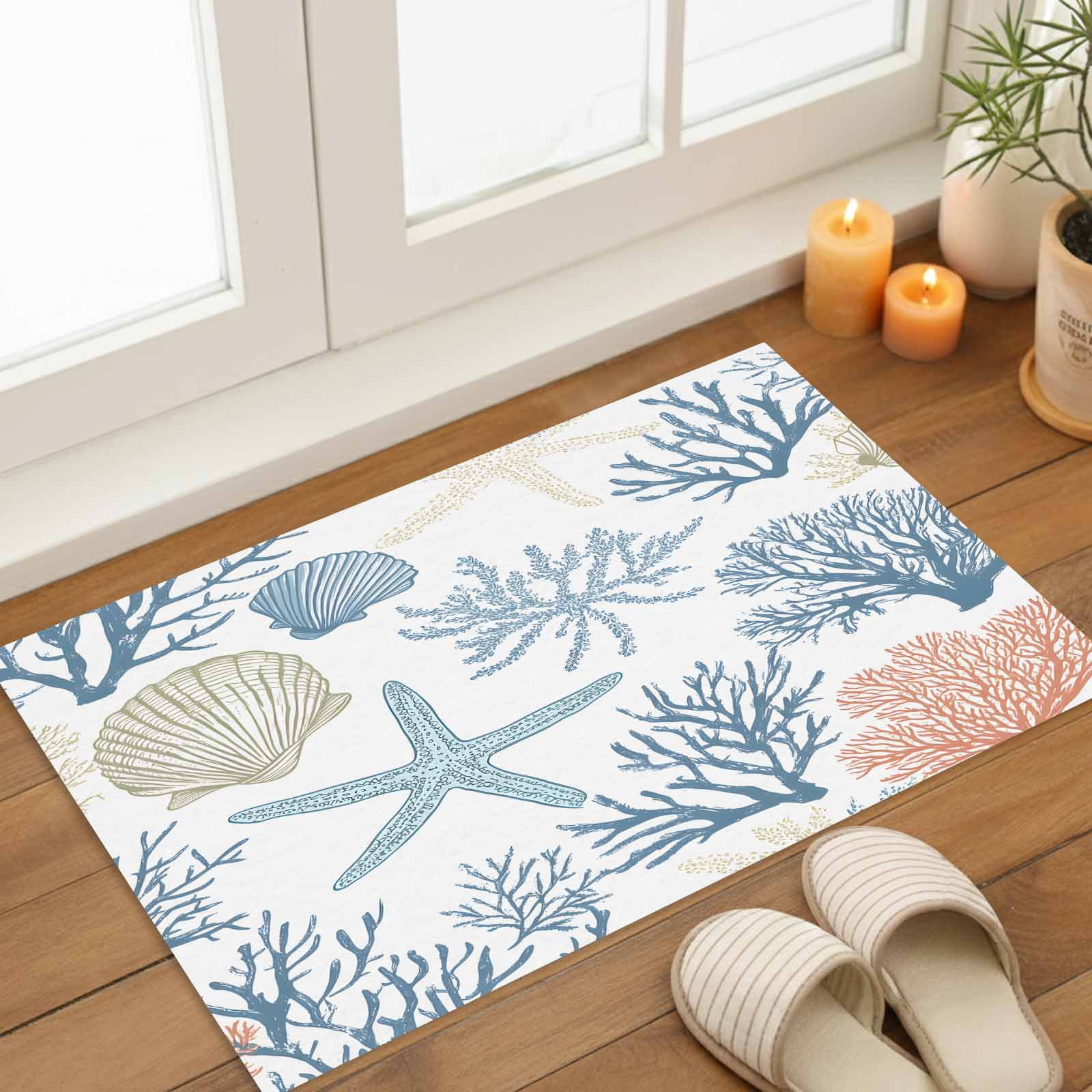 Coral Coastal Indoor Door Mat - 16"x24", Non-Slip Welcome Mat for Outdoor, Summer Beach Starfish Nautical Shell Front Doormat for Entry, Low-Profile Doormat Entrance Rug for Kitchen/Bathroom