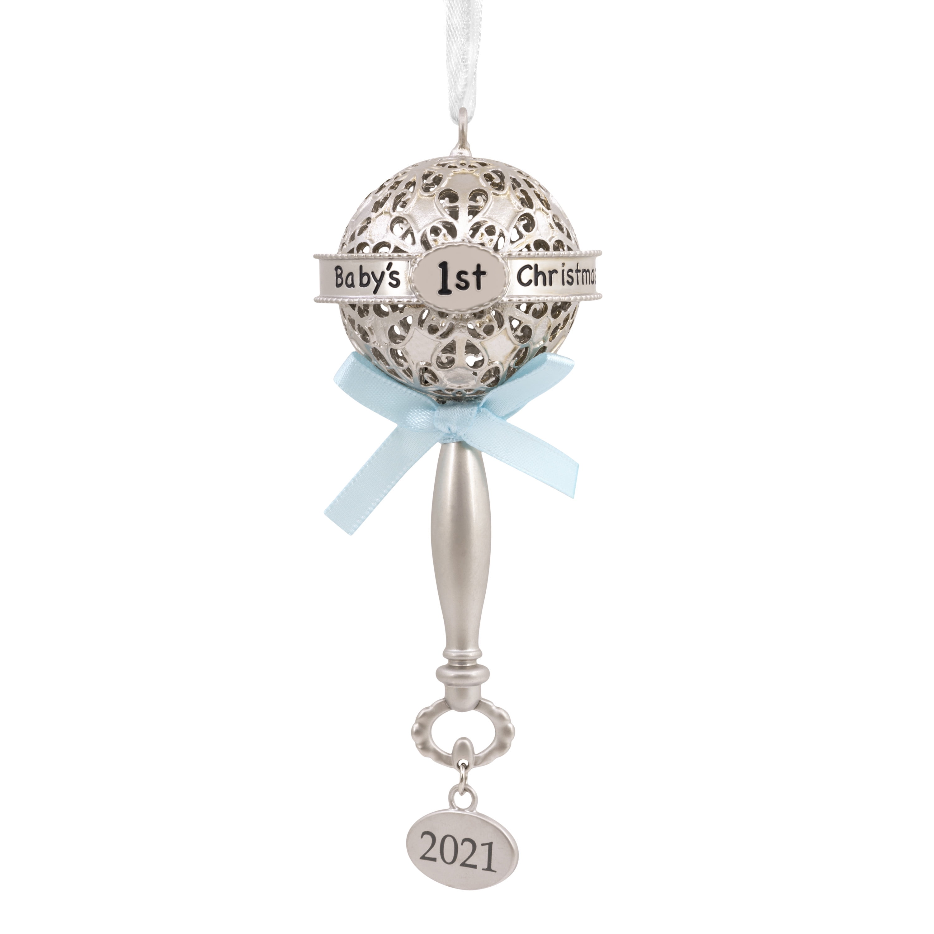 Hallmark Premium Baby's First Christmas Silver Baby Rattle with Blue Ribbon 2021 Metal Ornament with Satin Gift Bag 