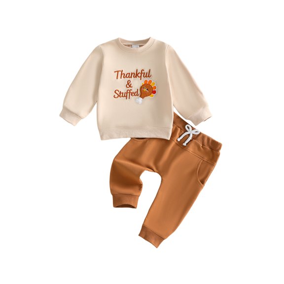 BemeyourBBs Toddler Baby Boys Thanksgiving Outfit Newborn Baby Boy Fall Winter Clothes Infant Long Sleeve Letter Turkey Embroidery Sweatshirt Tops and Drawstring Jogger Pants Set