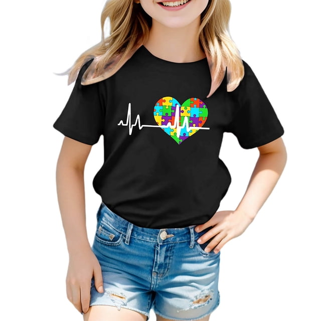 T-shirts pour Filles Imprimé Manches Courtes Col Rond Été pour Adolescentes Taille 5-6 Ans Mode