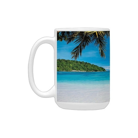 

Tropical Exotic Beach with White Sand and Palm Tree Green Clear Sky and Clouds Blue White Green Ceramic Mug (15 OZ) (Made In USA)