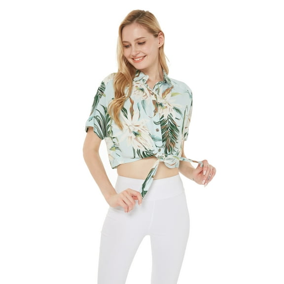 Women's Hawaiian Tie Front Crop Top Aloha Shirt in Wispy Cereus Light Blue S