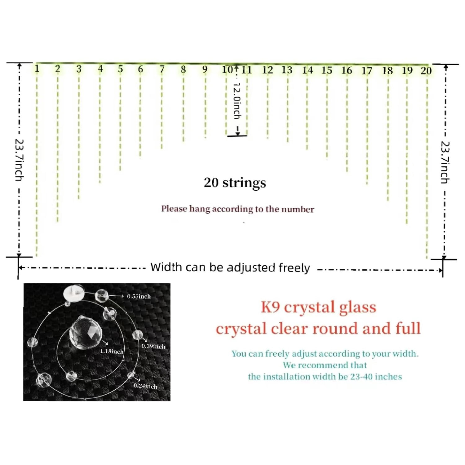 20 Strings Crystal Beaded Curtain, Arched Door String Curtain, Hanging Doorway Room Divider Suitable for Home, Coffee House, Bedroom, Restaurant