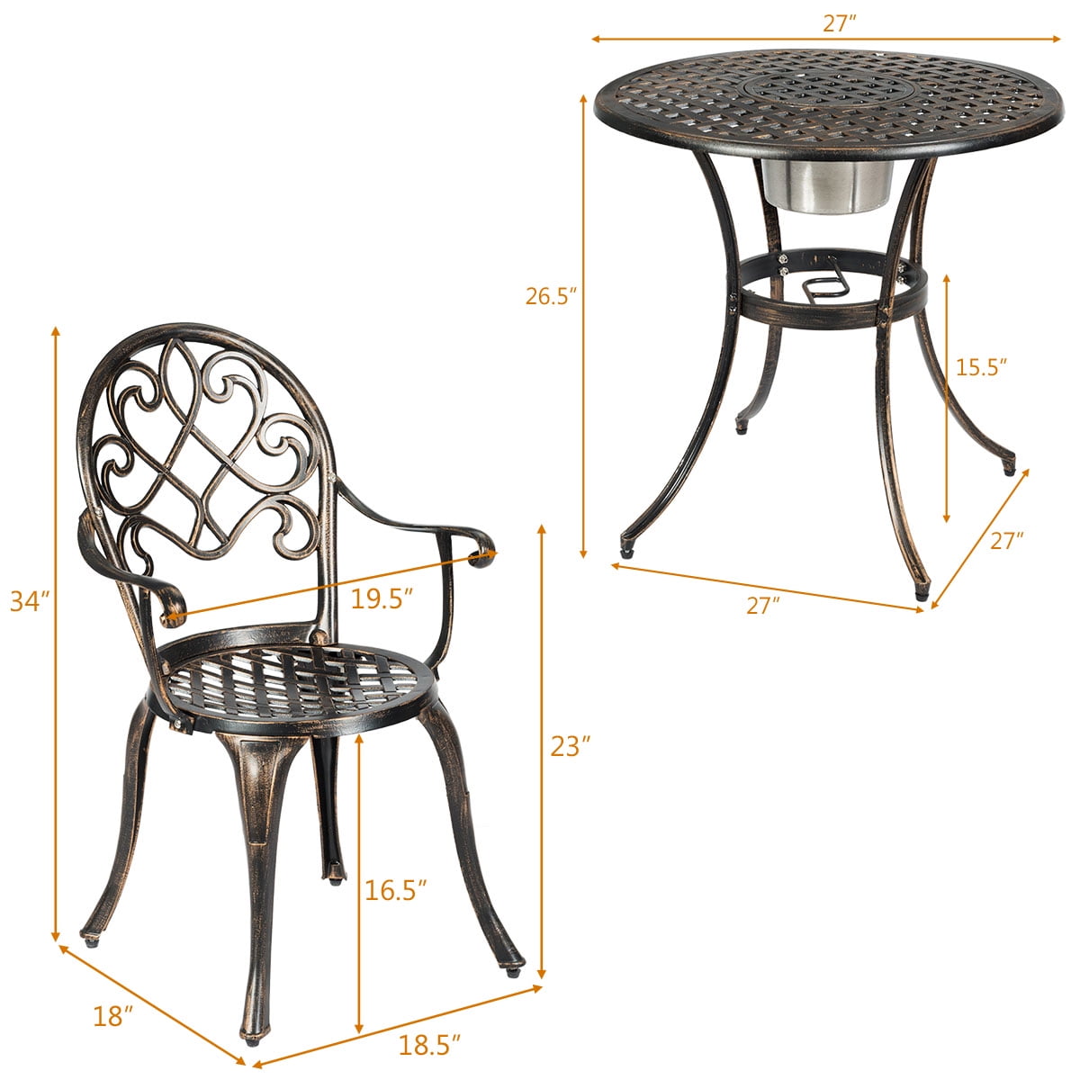 Costway 3PCS Patio Dining Set Aluminum Bistro Attached Removable