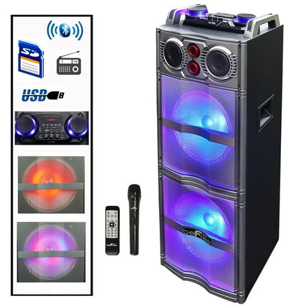 beFree Sound Double 10 Inch Subwoofer Bluetooth Portable Party Speaker with Reactive Lights, USB/ SD Input, FM Radio, Remote Control and Microphone