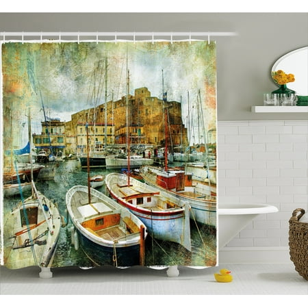 Marine Shower Curtain, Naples Small Boats at Historical Italian Coast with Heritage Castle Nautical Artwork, Fabric Bathroom Set with Hooks, Multicolor, by