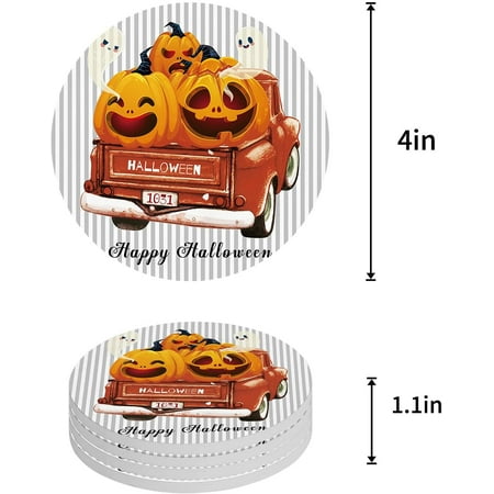 

FMSHPON Halloween Truck with Ghost Pumpkins Grey Stripes Set of 4 Round Coaster for Drinks Absorbent Ceramic Stone Coasters Cup Mat with Cork Base for Home Kitchen Room Coffee Table Bar Decor