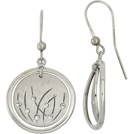 Giuliano Mameli Crystal Accent Rhodium-Plated Sterling Silver Matte-Finished Grass Pattern Polished Frame Round Drop Earrings