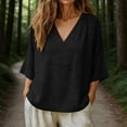 thumbnail image 2 of MaFYtyTPR Women's 3/4 Sleeve Cotton-Linen Blouse Fashionable Solid Color Loose V-Neck Shirt Three-Quarter Sleeve Tops for Women A-Black L, 2 of 6