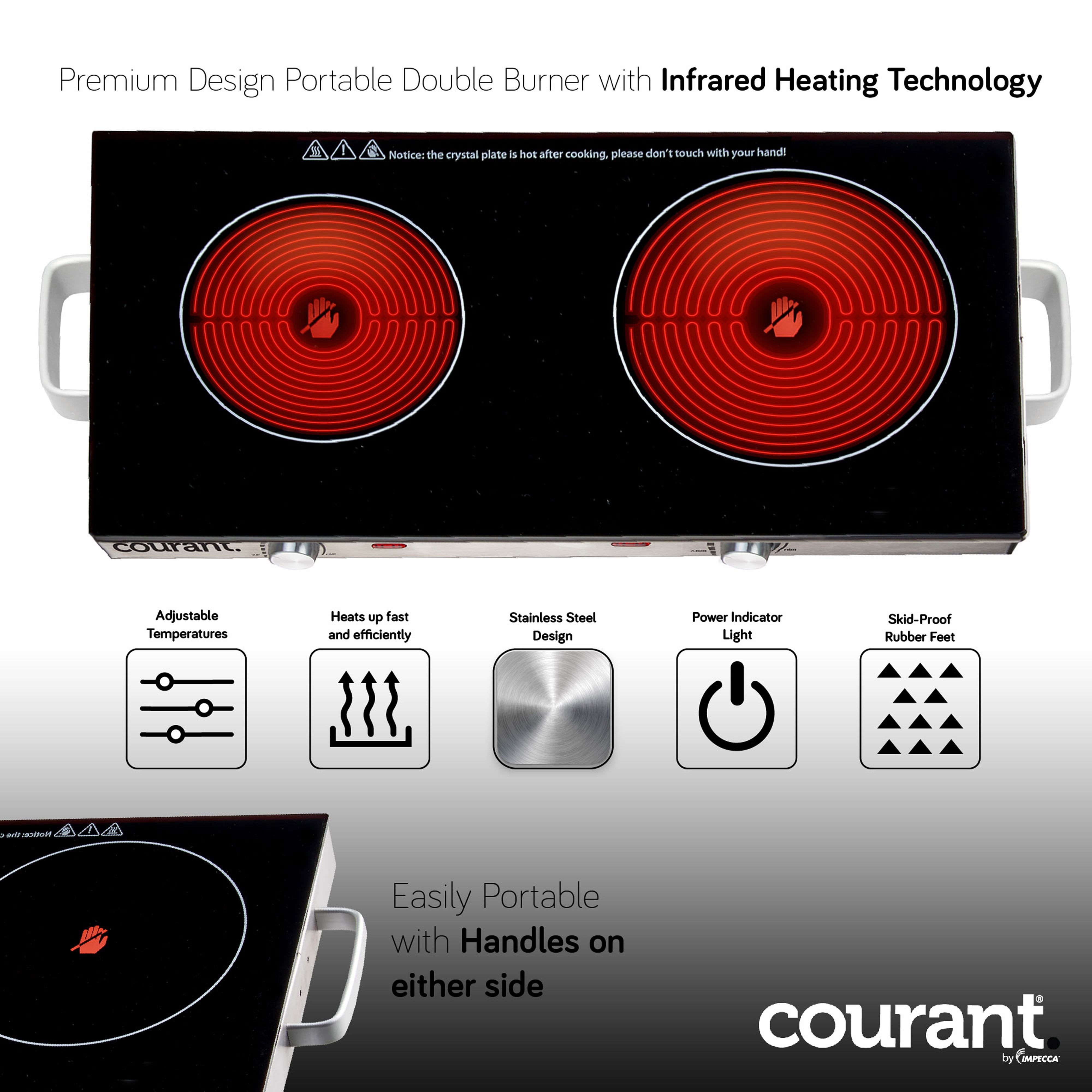 Courant Double Burner, 1700W Hotplate, Black Countertop Burner, Portable  Electric Cooktop, Black, CEB2183K