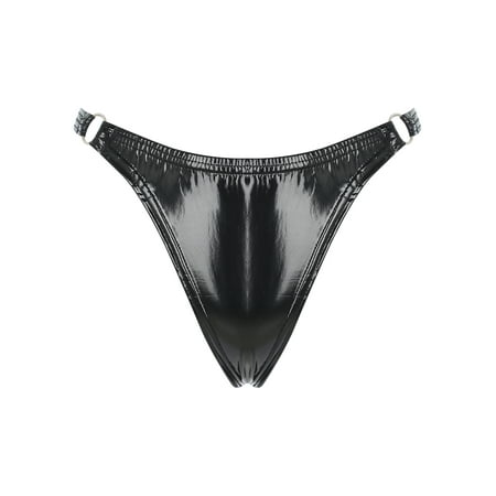 Zaldita Women s Shiny Metallic Low Rise G-String Thong Latex O-ring Micro Panties Briefs Clubwear Black S